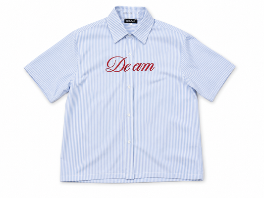DEAM LIGHT BLUE STRIPED SHORT SLEEVE SHIRT WITH EMBROIDERY