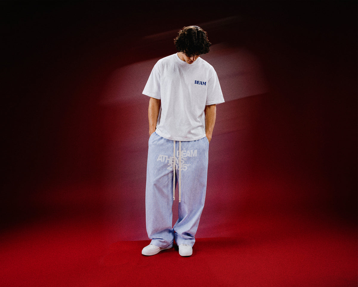DEAM BLUE PINSTRIPE BAGGY PANTS WITH LOGO PRINT